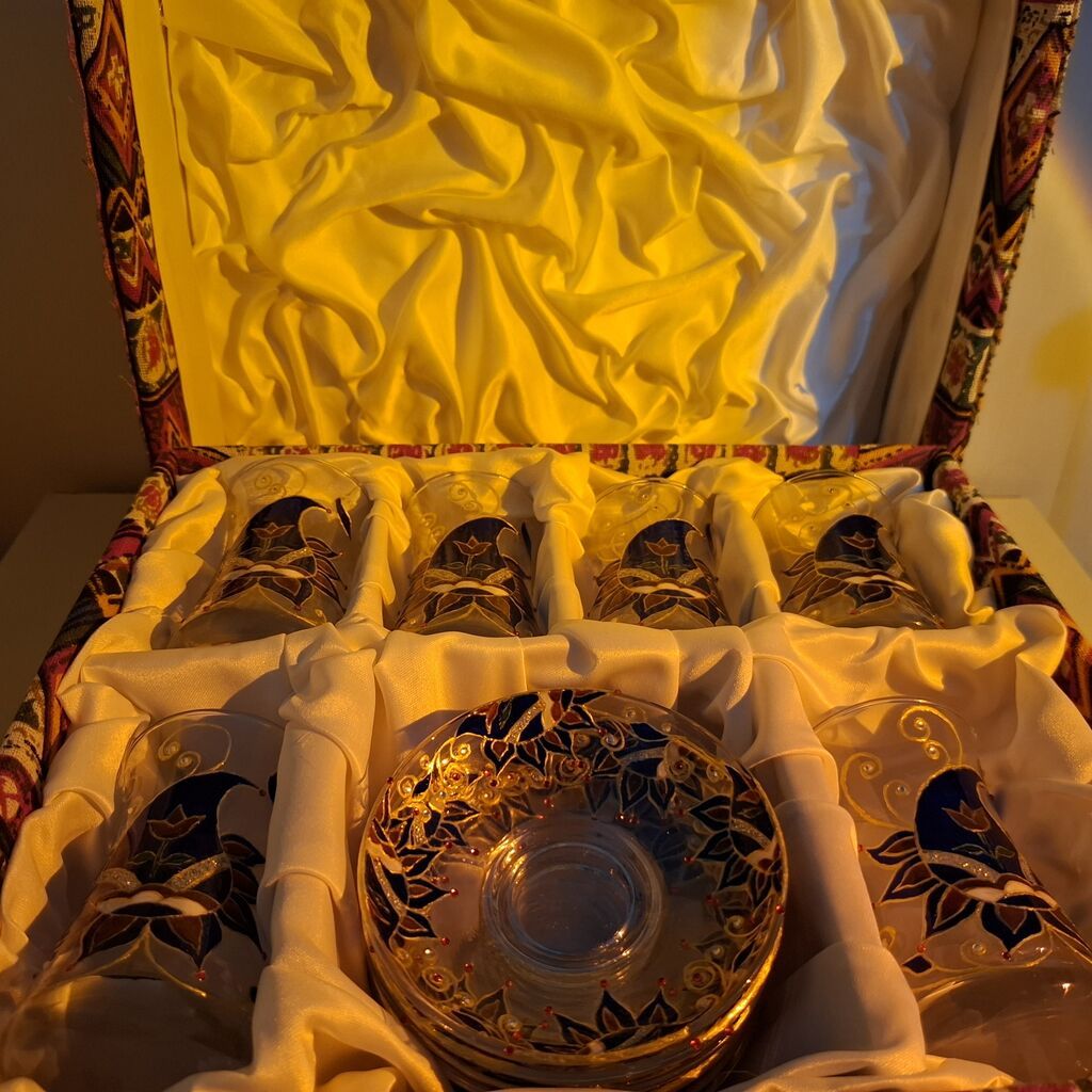 Çay dəsti, rəng - Göy, Şüşə — Süfrə qabı, Yevlax