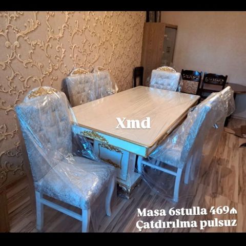 Klassik üslublu yemək dəsti: 1 masa + 6 stul - Rəng: krem/ağ — Bakı