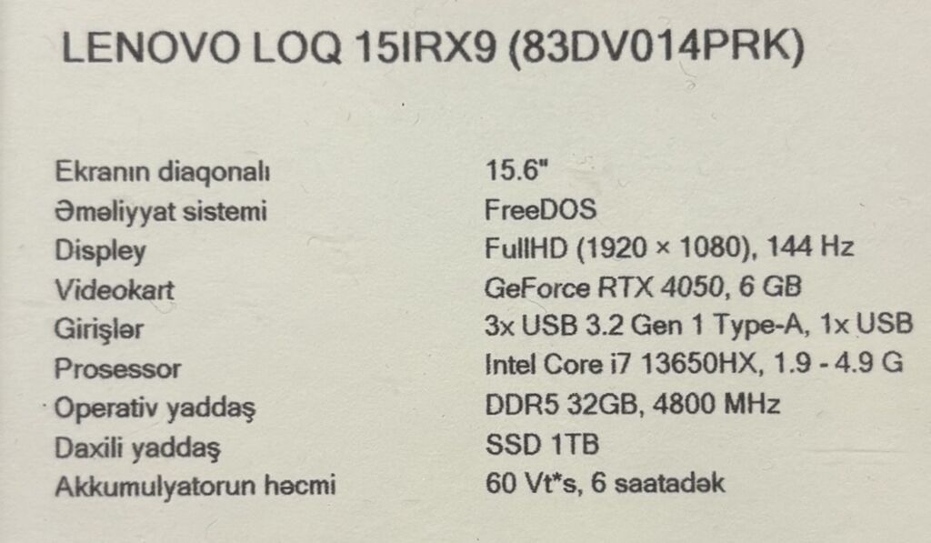 Lenovo loq 15IRX9 – i7 / 32 GB RAM / RTX 4050 / 1 TB SSD Qiymət — Lenovo, Bakı (5)