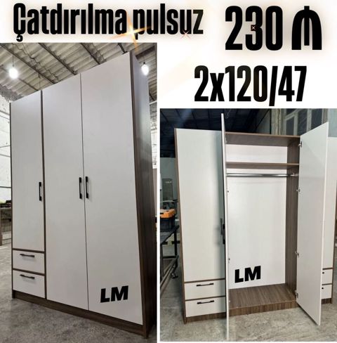 3 qapılı geyim şkafı - Ölçü: 2 x 120/47 (şəkildə göstərildiyi kimi) — Bakı