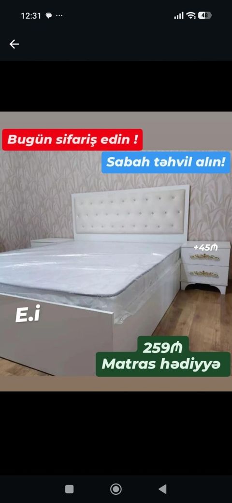 Ağ rəngli iki nəfərlik yataq dəsti. - Yumşaq düyməli başlıq — Bakı