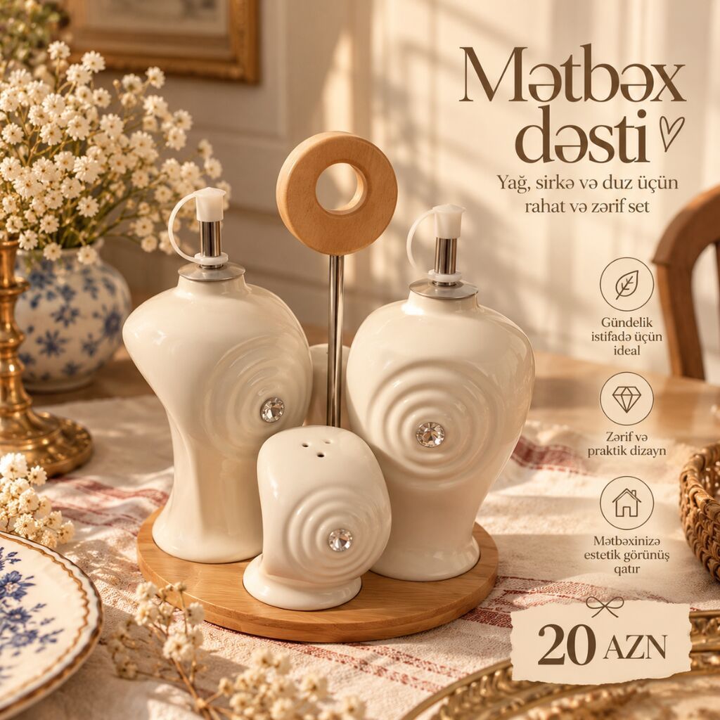 Mətbəx dəsti – yağ, sirkə və duz üçün rahat və zərif set — Süfrə sərvisin üçün əşyalar, Bakı