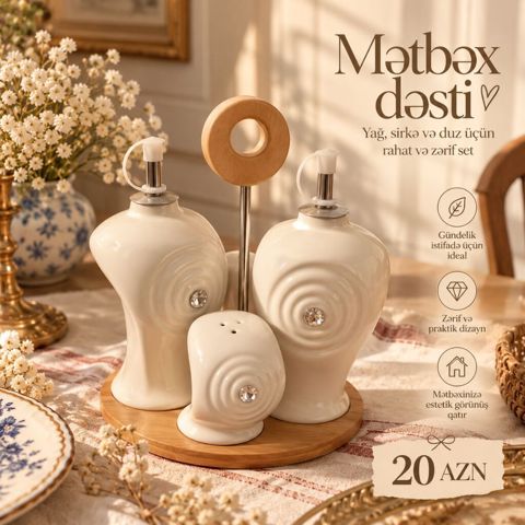 Mətbəx dəsti – yağ, sirkə və duz üçün rahat və zərif set — 20 ₼ · Bakı · Süfrə sərvisin üçün əşyalar Mətbəx dəsti – yağ, sirkə və duz üçün rahat və zərif set — Bakı