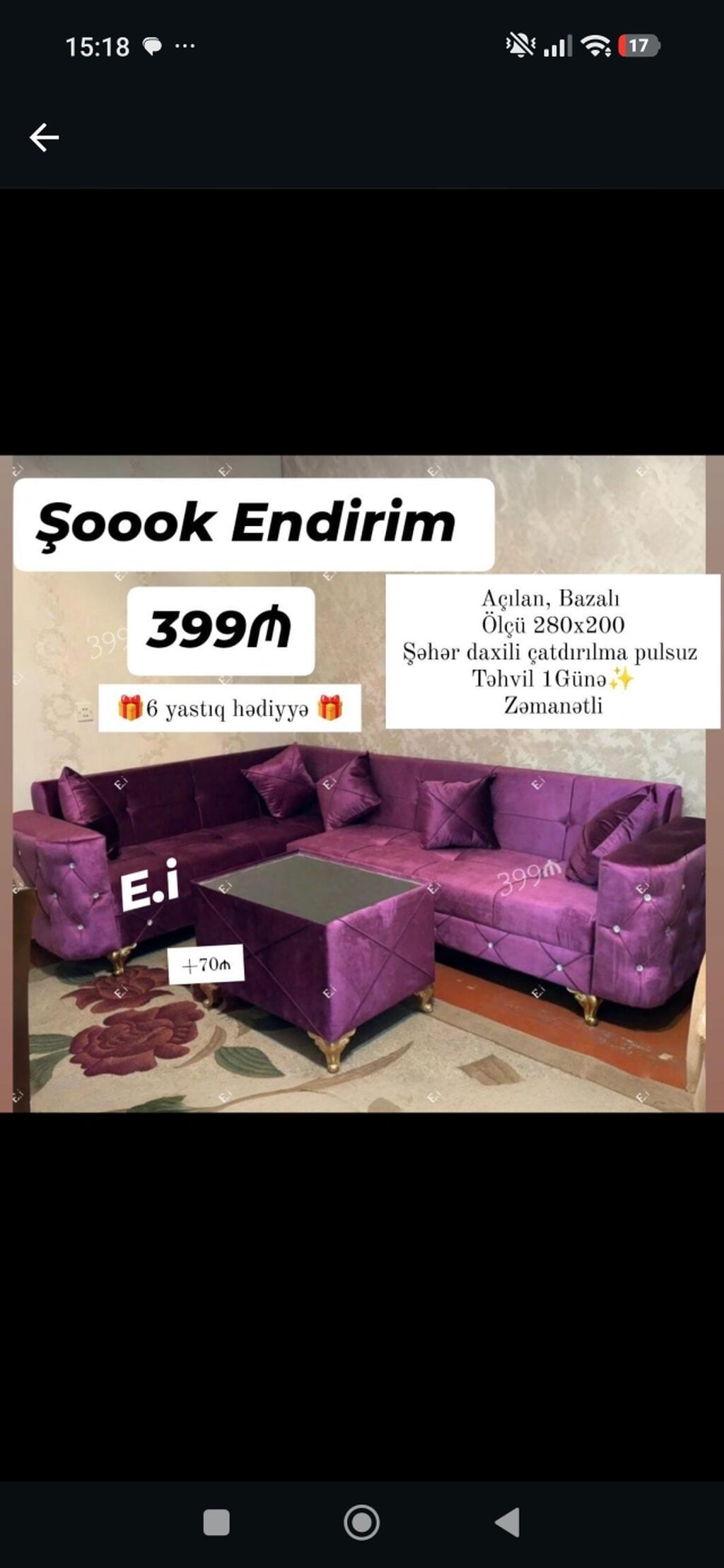 Bənövşəyi rəngli künc divan dəsti - Açılan, bazalı model - Ölçü: 280 — Yumşaq mobilya dəstləri, Bakı