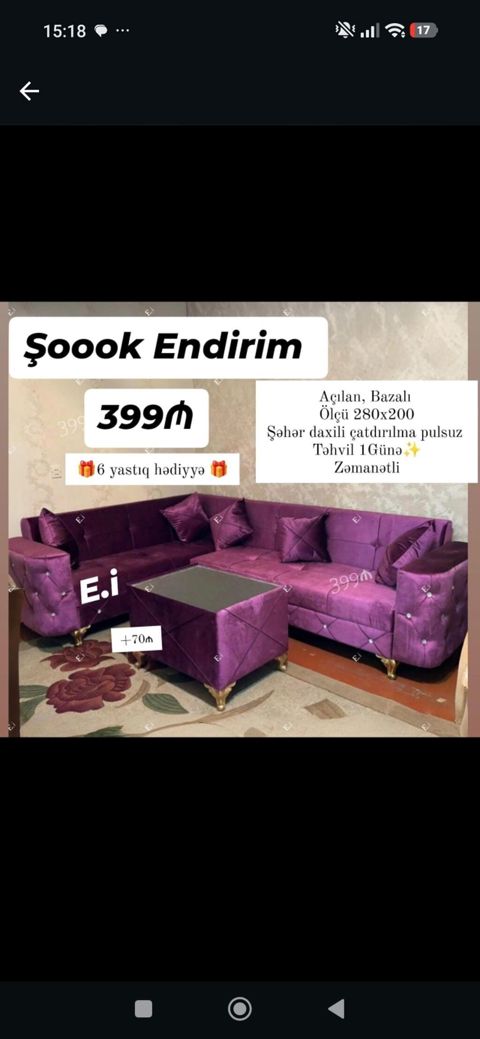 Bənövşəyi rəngli künc divan dəsti - Açılan, bazalı model - Ölçü: 280 — Bakı