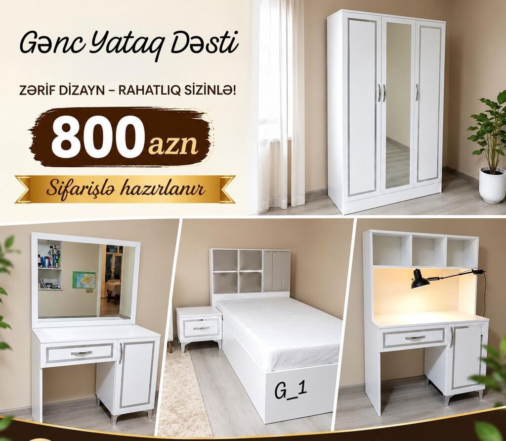 Gənc yataq dəsti – zərif dizayn və rahatlıq bir arada. Sifarişlə — Yataq otağı mobilya dəstləri, Bakı