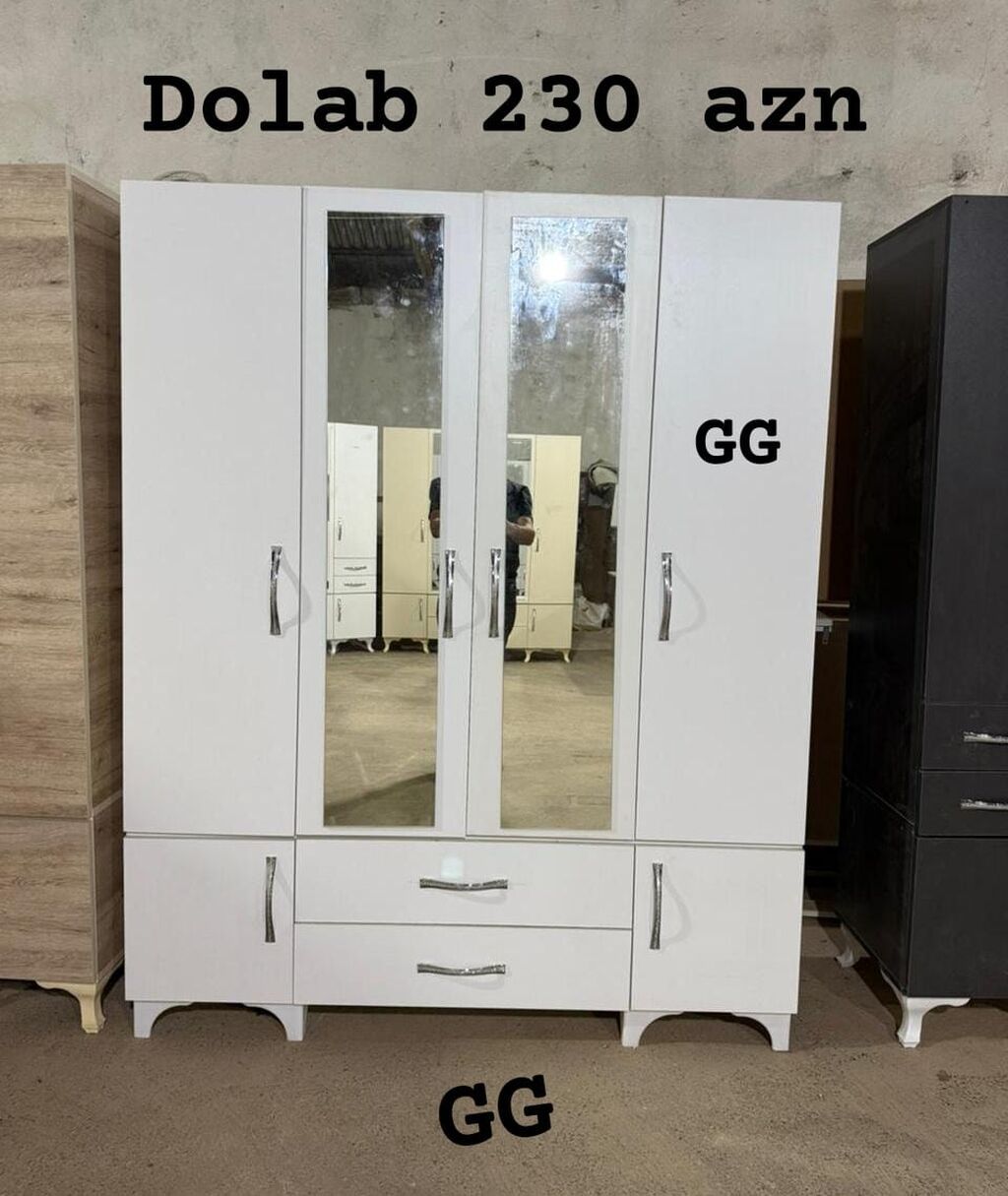 Ağ rəngdə paltar dolabı - 4 qapılı konstruksiya, mərkəzdə 2 ədəd — Şkaflar, Bakı