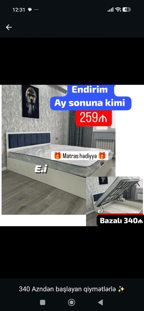 Müasir dizaynlı yataq dəsti – bazalı model - Rəng: ağ korpus, yumşaq — Bakı