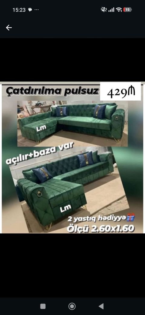 L formalı, açılan mexanizmalı künc divan. - Ölçü: 2.60 x 1.60 m - Baza — Bakı