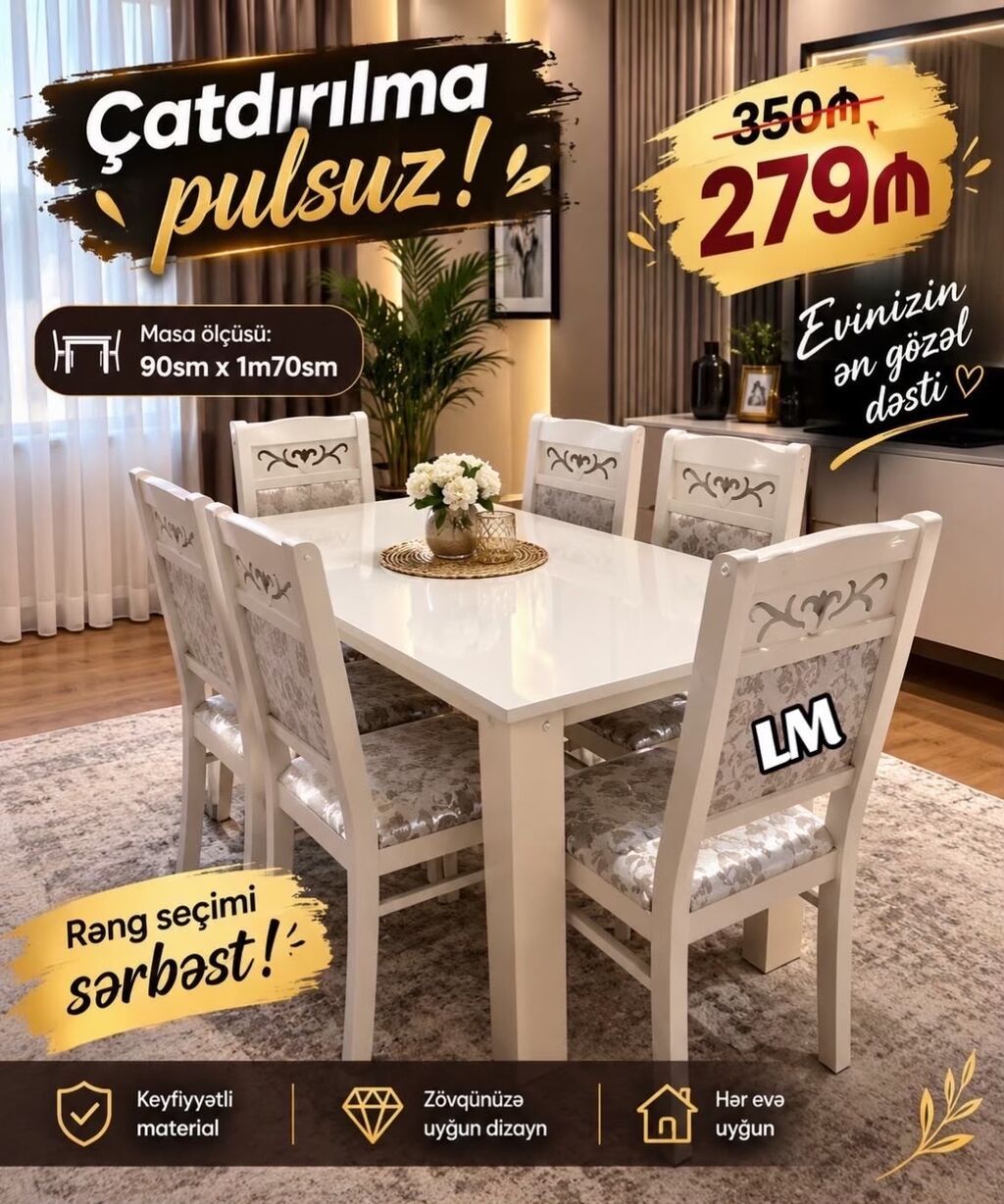Yemək otağı dəsti – ağ rəngdə masa və 6 stul Masa ölçüsü: 90 sm x 1 — Masalar və stullar, Bakı