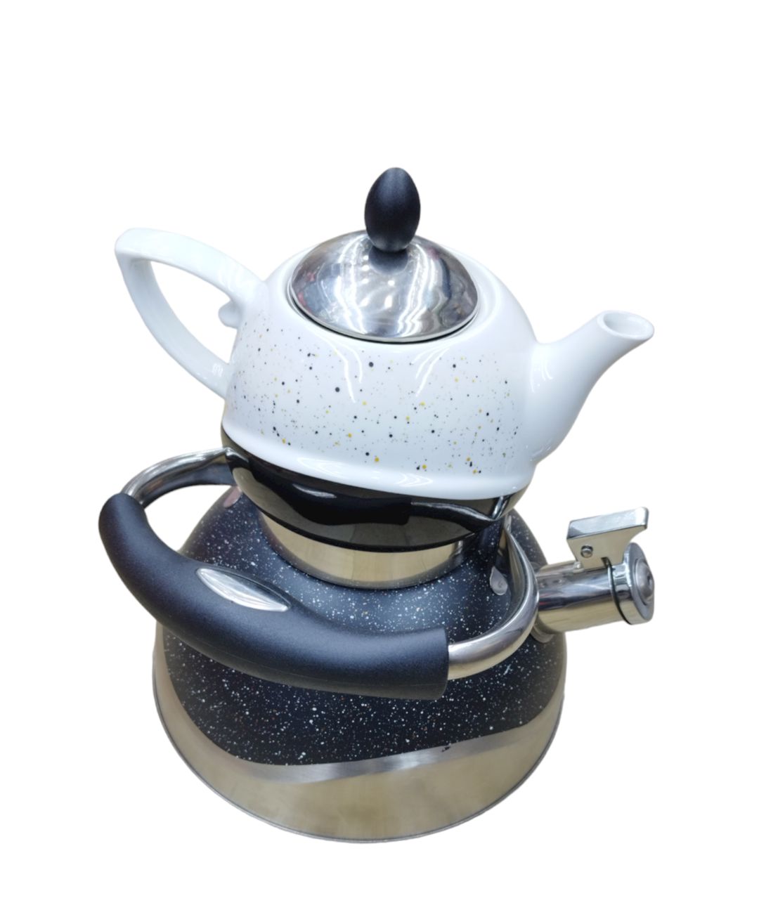 İkimətrəbəli çaydan HomeStore_FSE, suyun qaynadılması üçün 3 l, qara, dəm üçün çaydan 800 ml, ağ — Mallar, Bakı