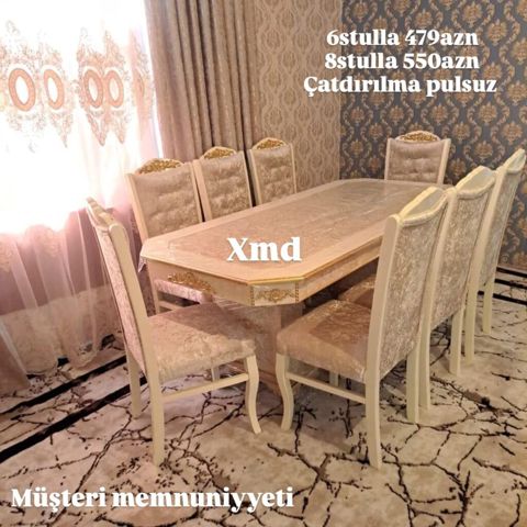 Klassik üslubda yemək otağı dəsti - Düzbucaqlı, qızılı naxışlı masa — Bakı