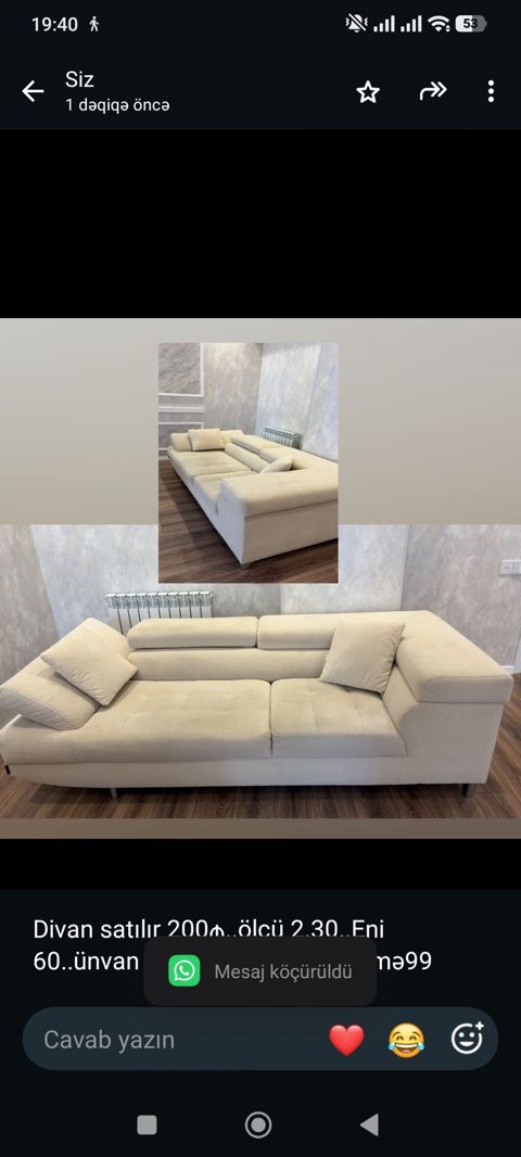 Divan satılır 200₼. ölçü 2.30. Eni 60. ünvan Sumqayıt. 3186. Fatimə99 — Bakı
