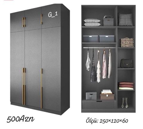G_1 model paltar şkafı - Rəng: tünd boz, qızılı tonlu uzun tutacaqlar — Mehdiabad