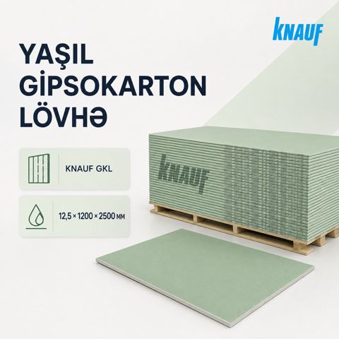 Knauf yaşıl alçıpan 12,5 mm — 2500×1200 mm — Bakı