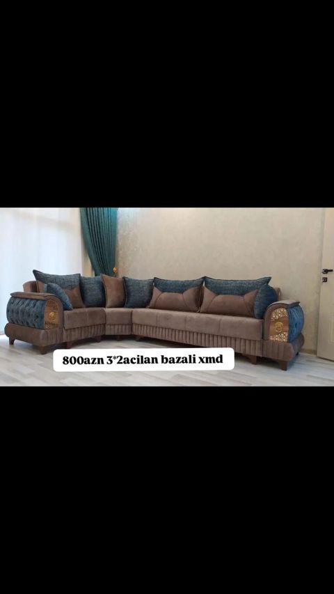 Künc divan – 3 hissəsi açılan, bazalı model. Rəng: mavi-qəhvəyi — Bakı