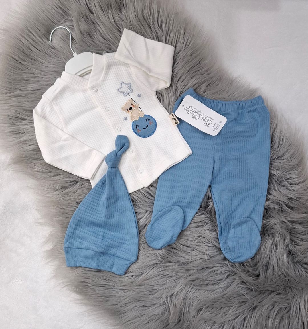 Yenidoğulmuş üçün şalvarlı dəst OP-27, ağ/mavi, pambıq, 3-6 ay, 3 əd — Mallar, Bakı