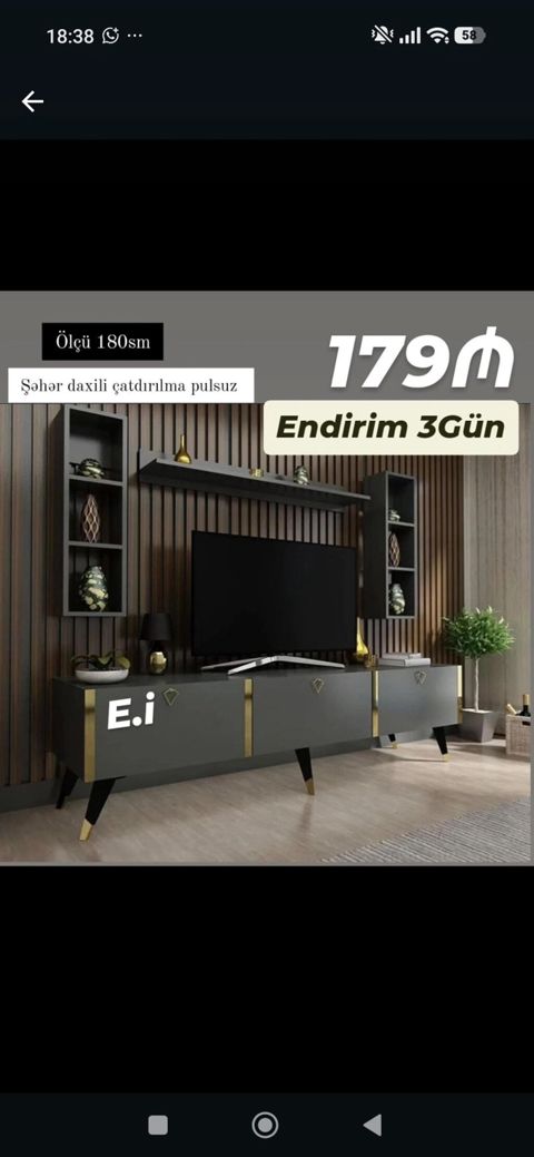 TV stendi və asma rəflər dəsti - Ölçü: 180 sm - Rəng/stil: qara-boz — Bakı