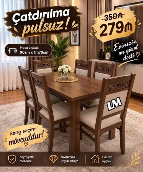 Yemək otağı dəsti – masa və 6 stul - Masa ölçüsü: 90 sm x 170 sm — Bakı