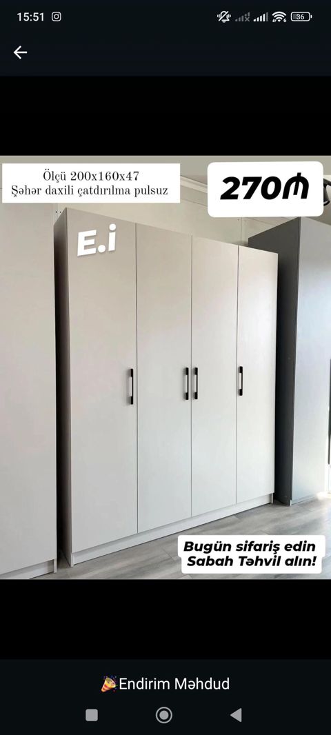 Ağ rəngli 4 qapılı geyim dolabı - Ölçü: 200 x 160 x 47 sm (şəkildə — Sumqayıt