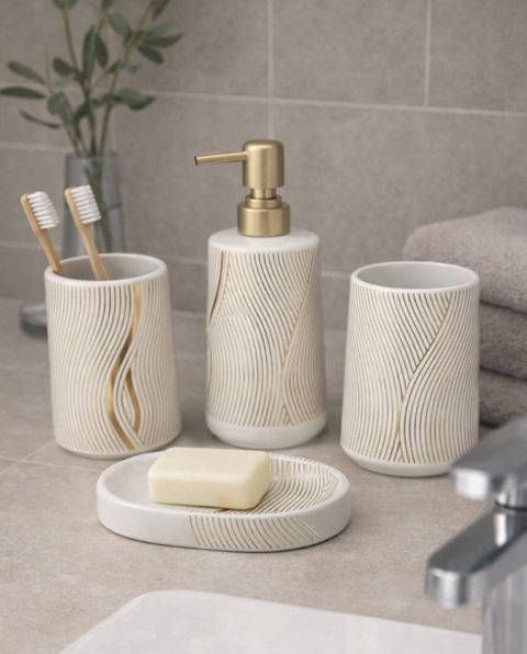 Hamam otağı dəsti, 4 parça, ağ/qızılı, keramika — Bakı