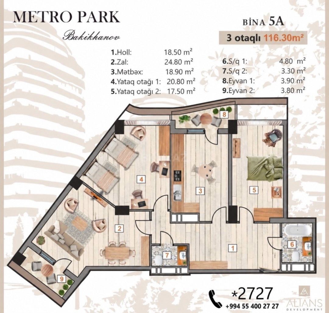 Satılır 3 otaqlı yeni tikili 116.3 m² — Mənzil, Bakı (5)