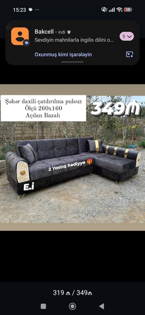 L formalı künc divanı - Ölçü: 260 x 160 sm - Açılan bazalı model — Баку
