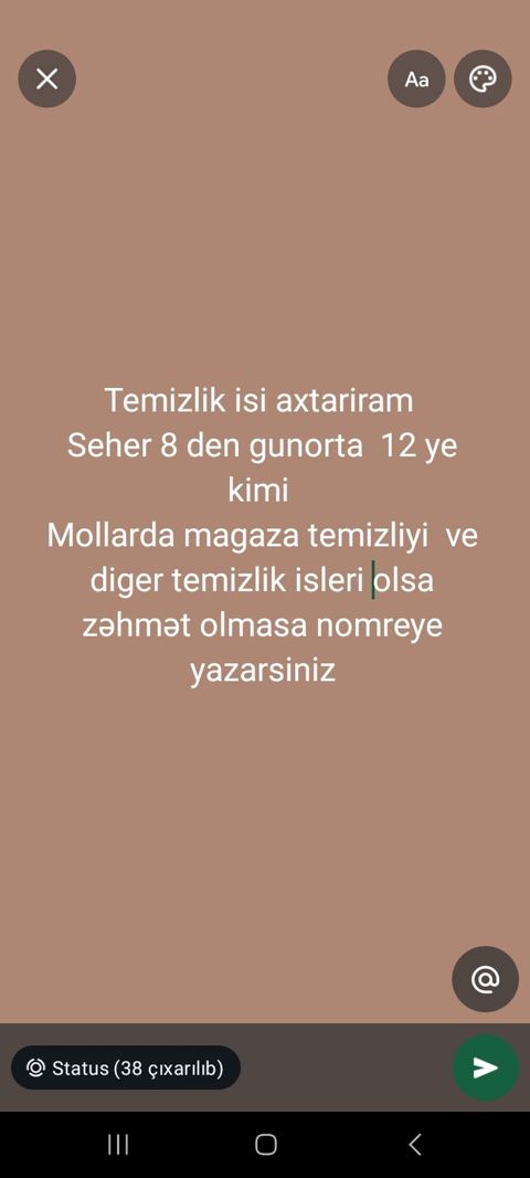 Xidmət: Təmizlik işi axtarıram - İş saatları: səhər 08:00-dan günorta — 300 ₼ · Saray · Ev personali və təmizlik Xidmət: Təmizlik işi axtarıram - İş saatları: səhər 08:00-dan günorta — Saray