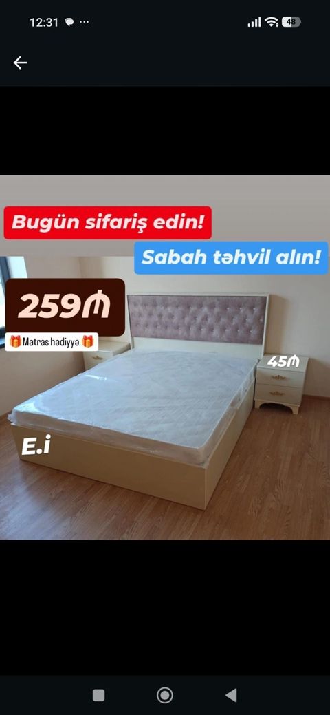 Yataq dəsti – çarpayı + başlıq + tumbalar - Rəng: krem/bej tonları — Bakı