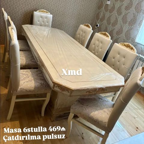 Yemək otağı üçün klassik dəst: - Masa + 6 stul - Rəng: krem/bej — Bakı
