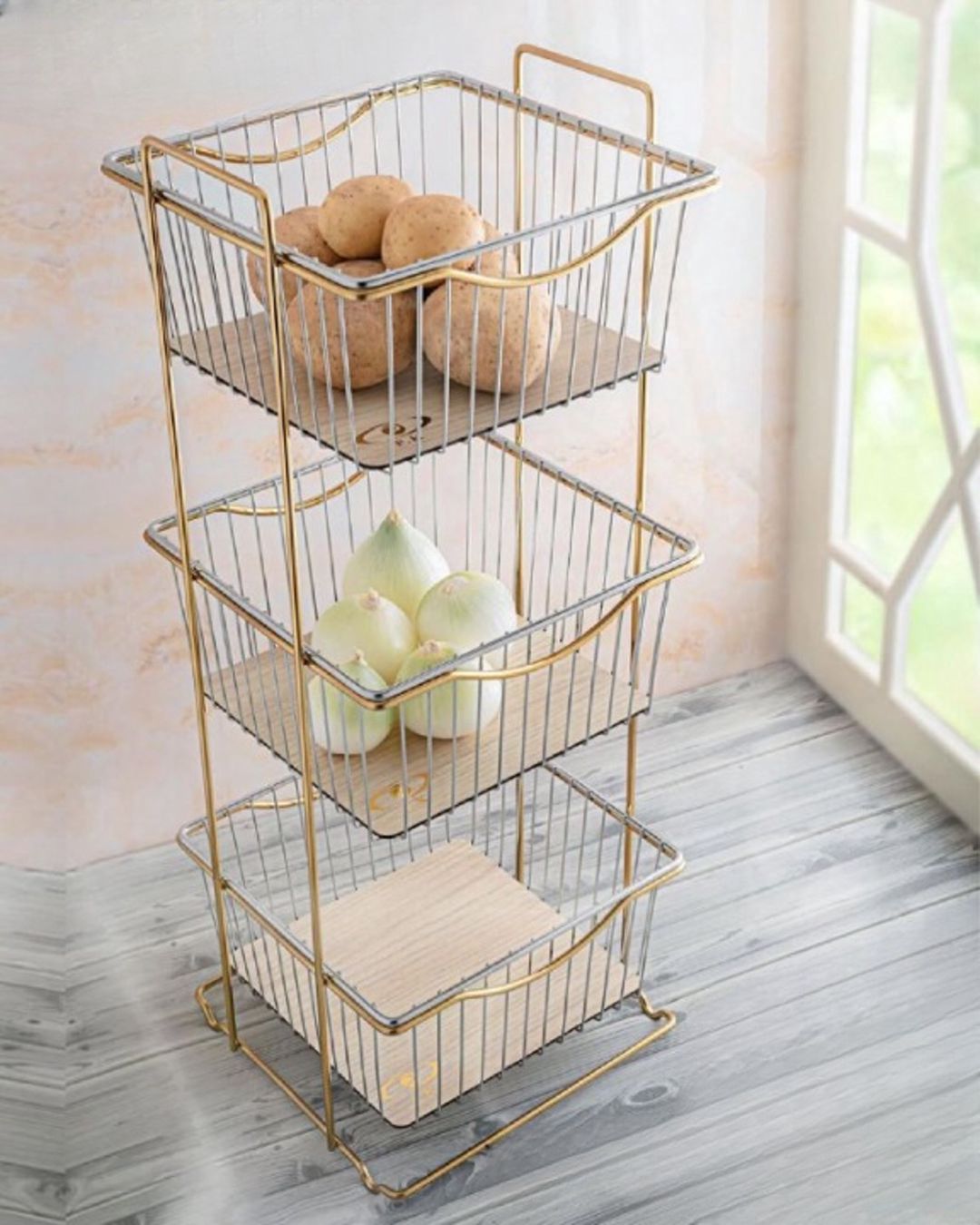 Etajerka meyvə və tərəvəz üçün vm418, taxta/metal, qızılı/gümüşü, 3 mərtəbəli, 27x26x69 sm — Mallar, Bakı