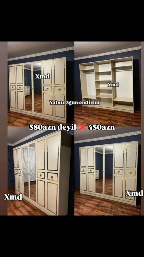 Klassik üslubda geniş qapılı paltar dolabı - Rəng: krem-ağ əsas — Bakı