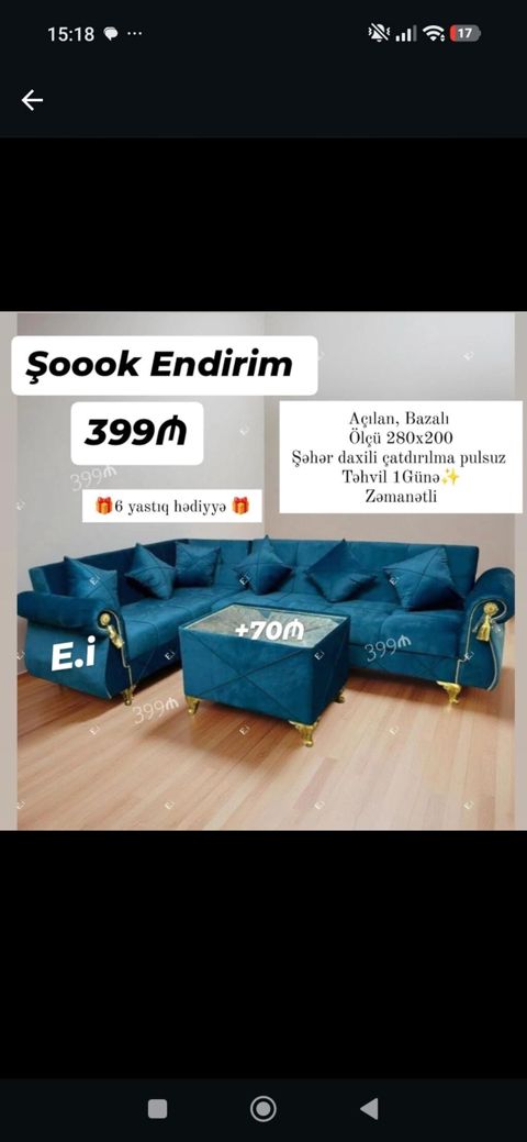 Künc divan dəsti – şok endirimlə - Qiymət: 399₼ - Açılan, bazalı — Bakı