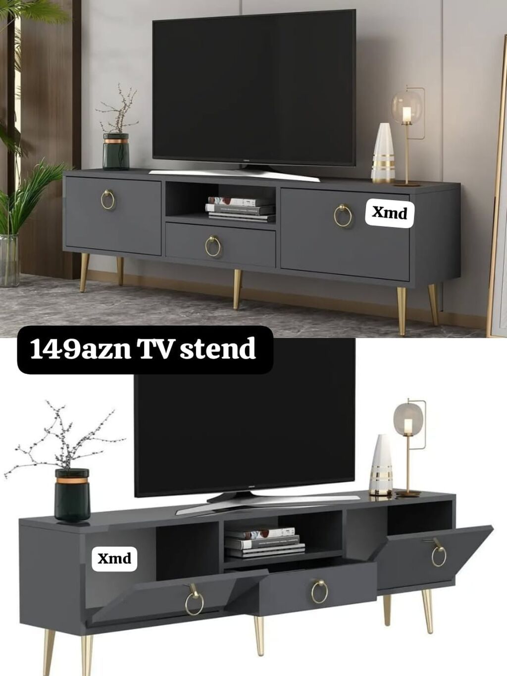 TV stend – 149 AZN - Rəng: tünd boz (mat effektli) - Material — Televizor altlıqları və standlar, Bakı
