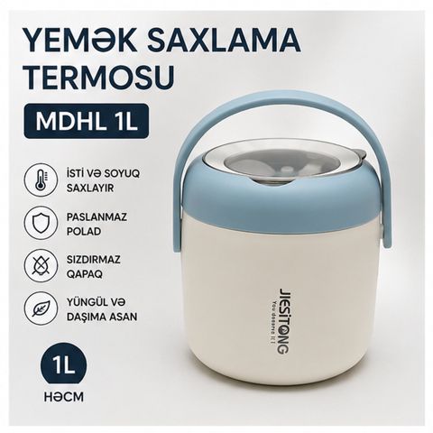 Qida termosu 5702, metal, ağ/mavi, 1000 ml — Bakı