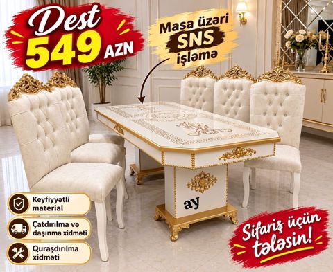 Klassik üslublu yemək otağı dəsti - Dəst: 1 masa + 4 stul - Rəng və — Bakı