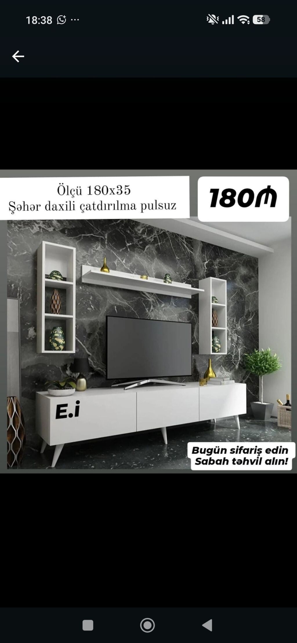 Məhsul: TV stend və divar rəfi dəsti - Ölçü: 180 x 35 sm (stendin eni — Televizor altlıqları və standlar, Bakı