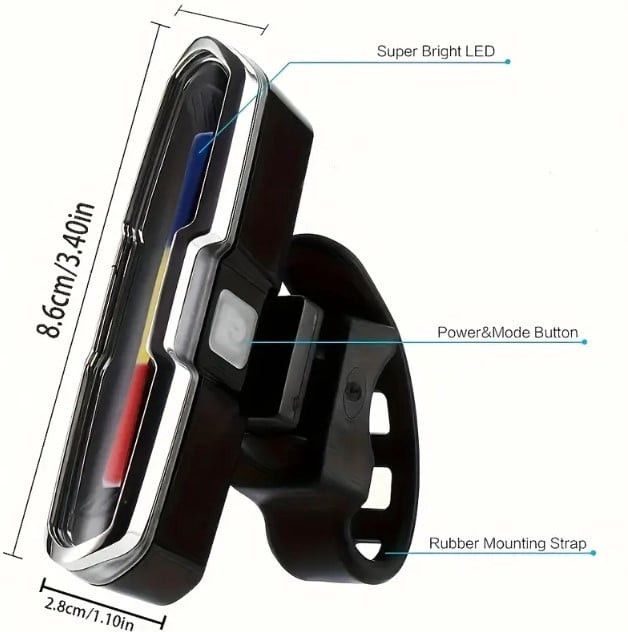 Velosiped üçün arxa fənər Velosport 83, göy/ağ/qırmızı, USB doldurulma, litium batareya — Mallar, Bakı (3)