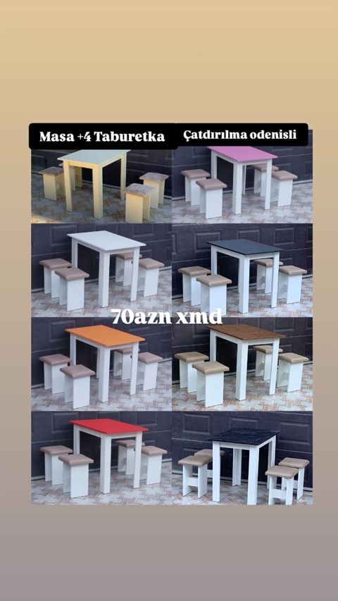 Masa + 4 taburetka dəsti - Kompakt kvadrat masa və 4 ədəd yumşaq — Bakı
