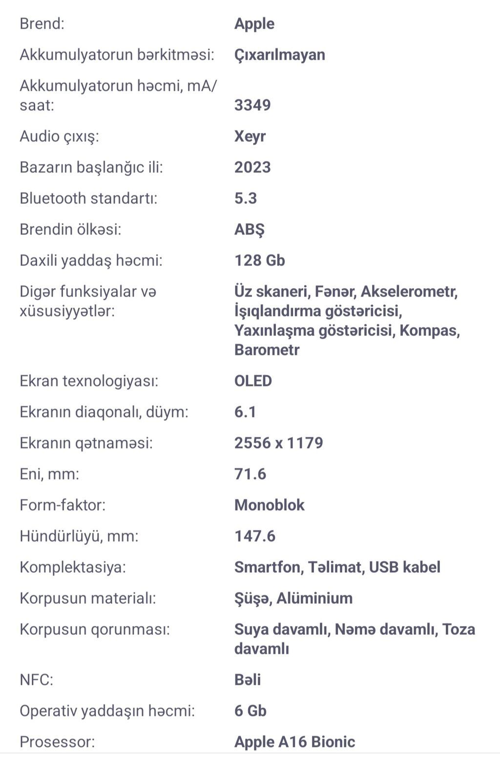 IPhone 15, 128 GB, Göy, Face ID — Apple iPhone, Digah