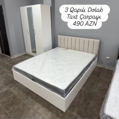 Yataq otağı dəsti – 3 qapılı dolab + taxt çarpayı - Rəng: ağ — Bakı