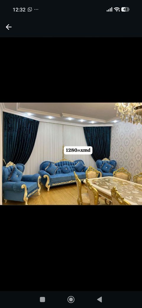 Klassik üslubda qonaq otağı mebel dəsti - Rəng: dəniz-mavisi parçalı — Bakı