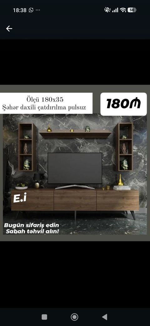 Mebellə TV stendi və divar rəfləri dəsti - Ölçü: 180 x 35 sm (stendin — Bakı