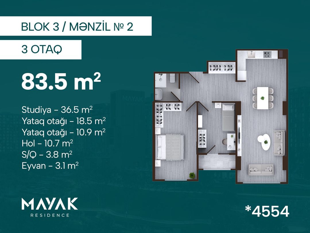 Satılır 3 otaqlı yeni tikili 83.5 m² — Mənzil, Bakı (2)