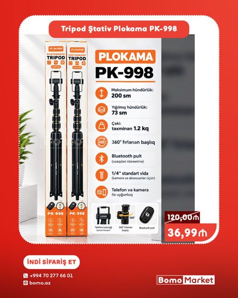Plokama PK-998 Tripod Ştativ - Maksimum hündürlük: 200 sm - Yığılmış — Bakı