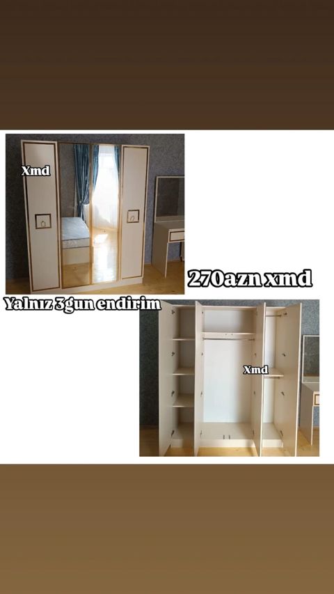 Üç qapılı paltar şkafı – güzgülü model - Rəng: krem/bej, qızılı — Bakı
