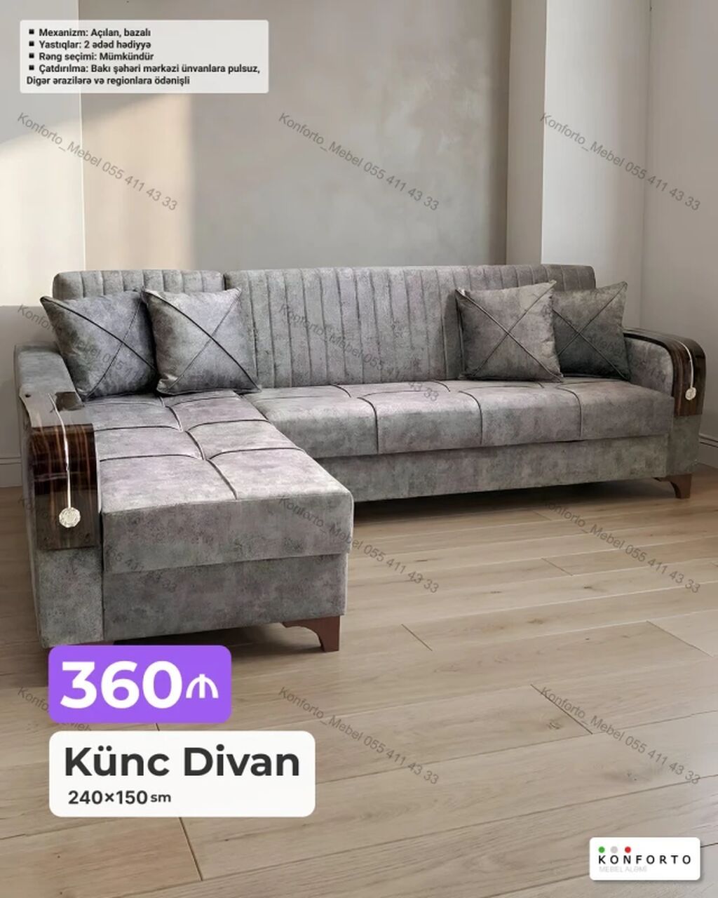 Künc Divan – 240×150 sm - Mexanizm: açılan, bazalı - Yastıqlar: 2 — Divanlər, Bakı