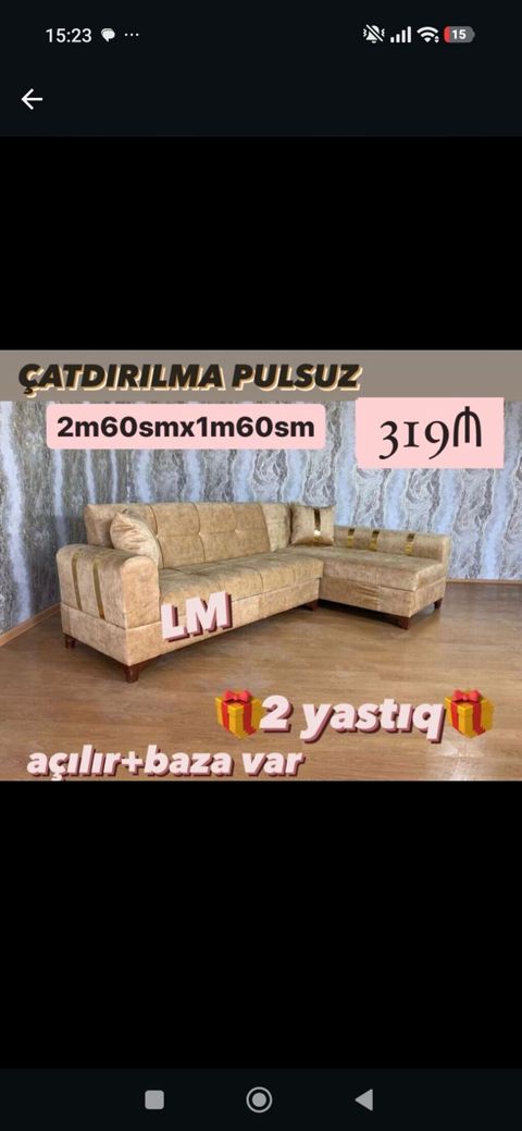 Künc divan dəsti - Ölçü: 2 m 60 sm x 1 m 60 sm - Açılır mexanizmli — Bakı