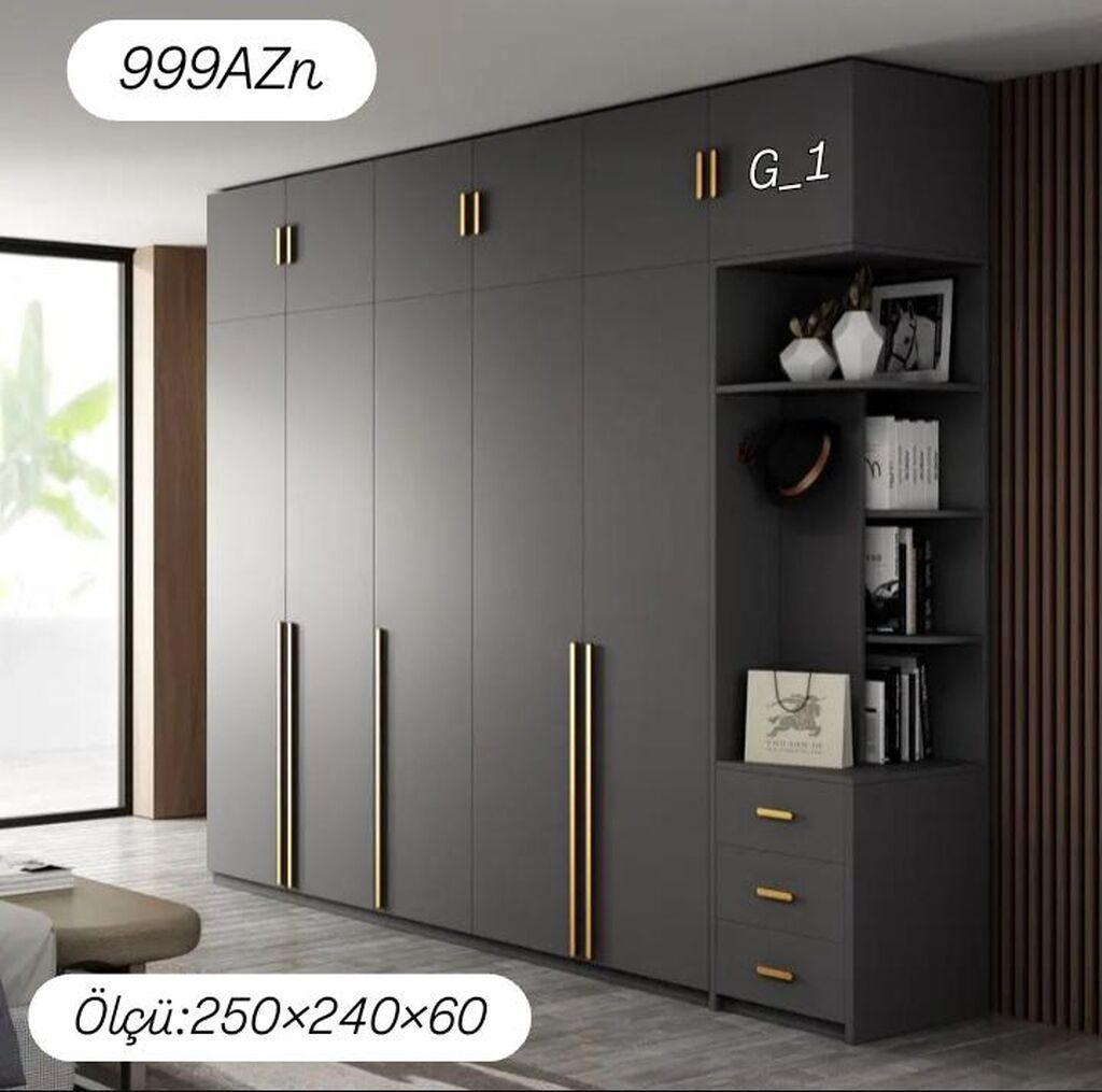 Qarderob modeli: G_1 - Rəng: tünd boz, qızılı tutacaqlar — Şkaflar, Sumqayıt