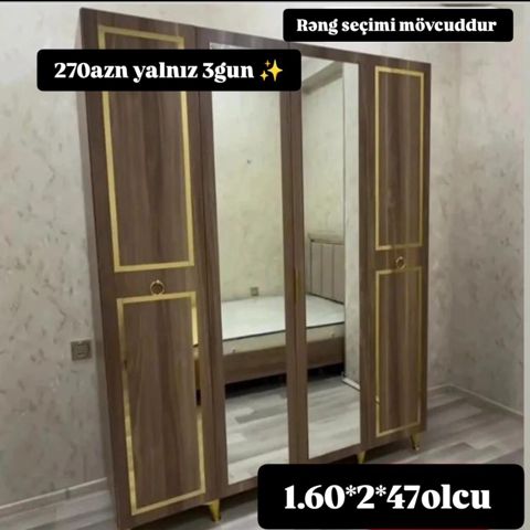 Üç qapılı şkaf, orta hissə güzgülü - Ölçü: 1.60 m en 2.00 m — Bakı